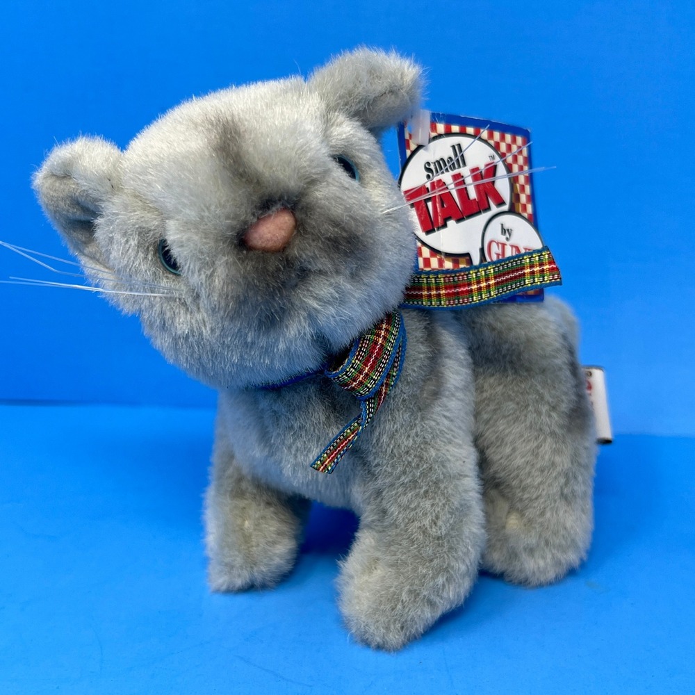 Gund Small Talk Grey Cat Plush 1134 kitten 4" Stuffed Animal Plaid Bow Cute Toy